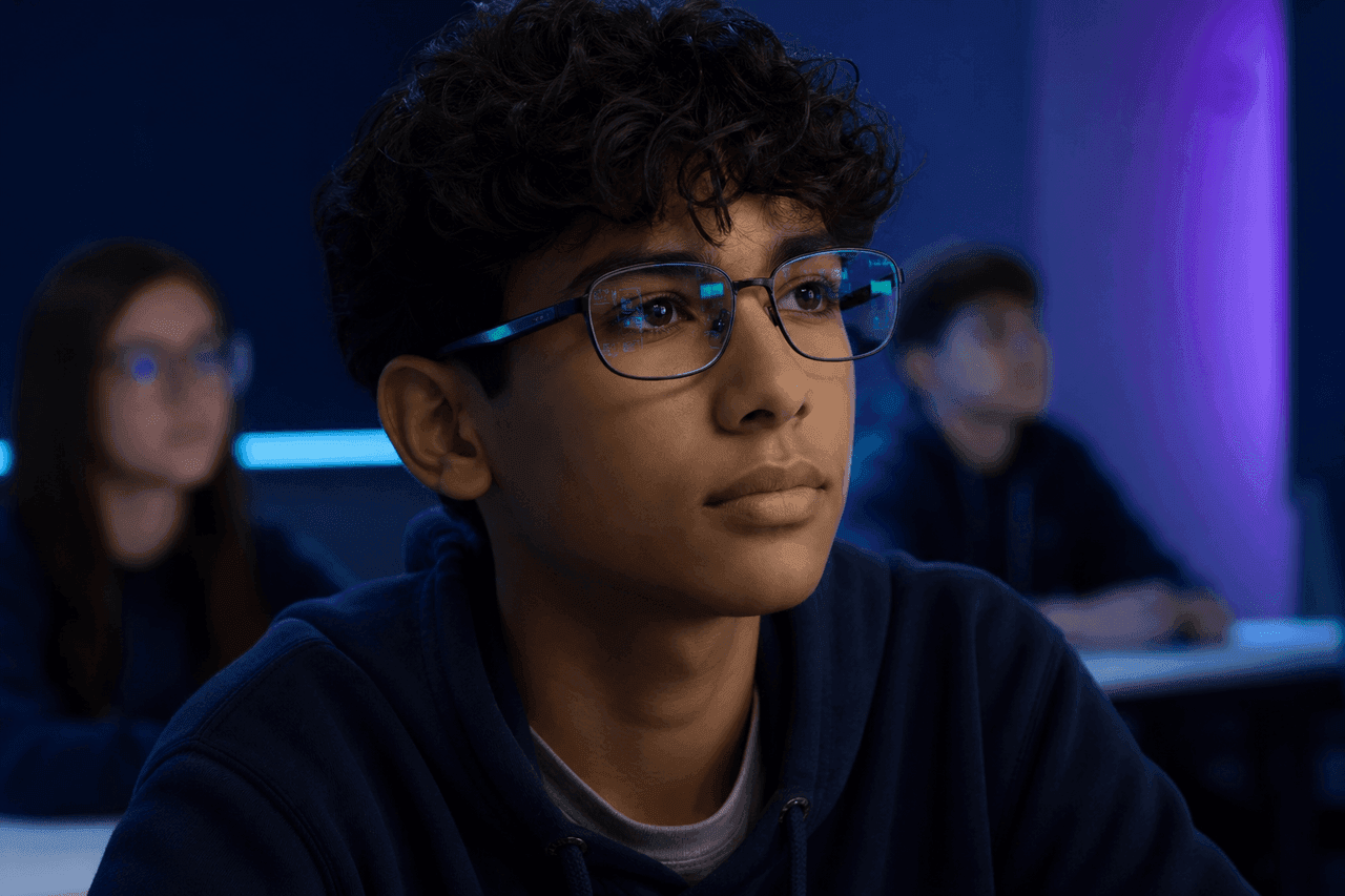 Student wearing smart glasses in a modern classroom workshop