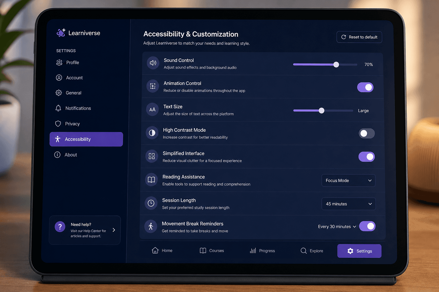 Accessibility settings preview showing sound, animation, and text customization options
