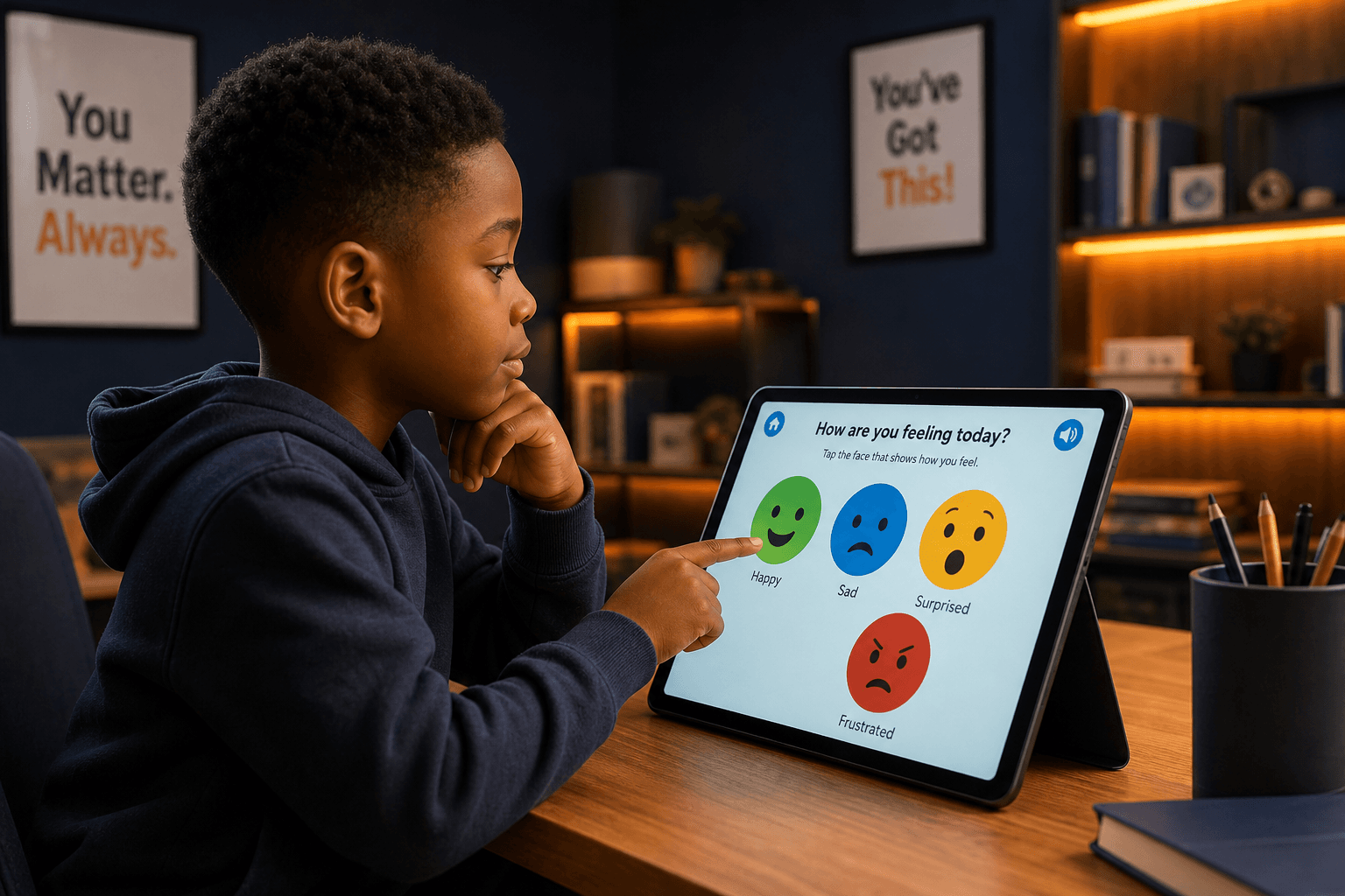 A child identifying emotions through an interactive activity