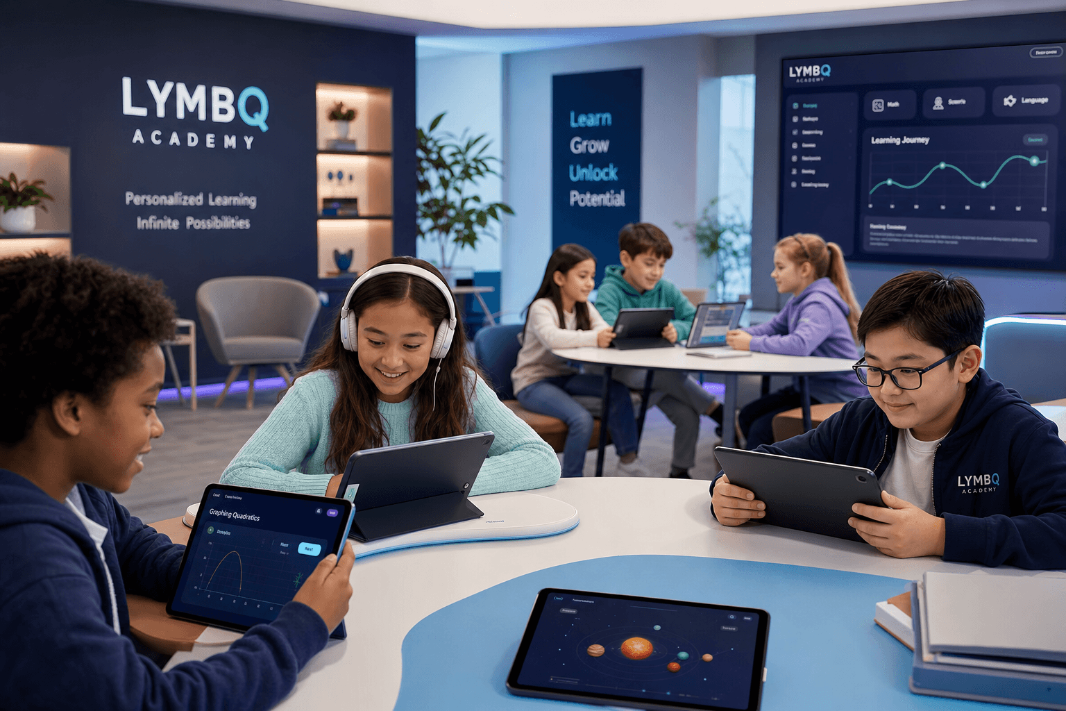Children engaged in personalized learning experiences at LYMBQ Academy
