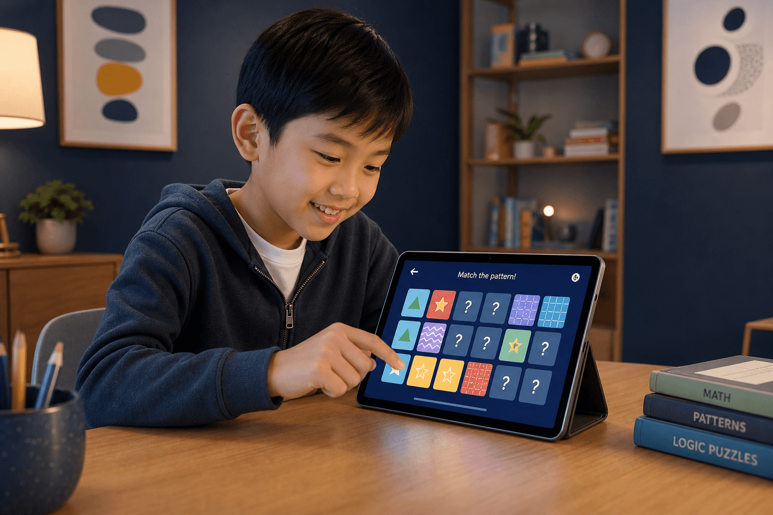 A child completing a memory-matching game on a tablet