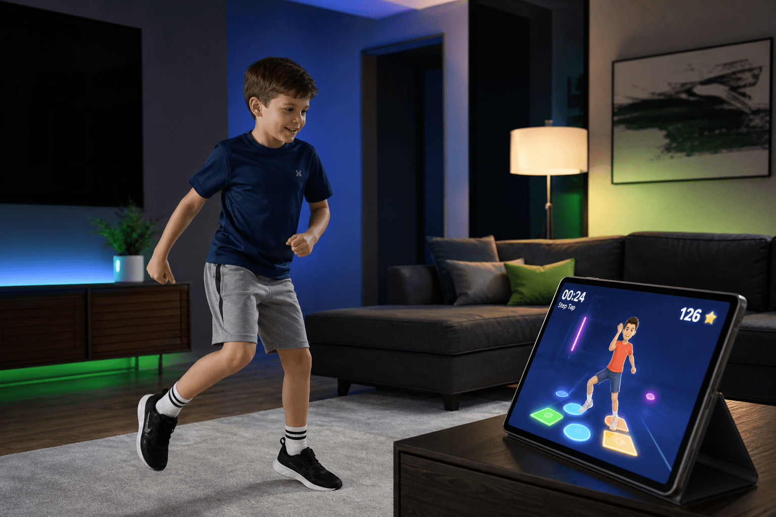 A child completing a guided movement challenge