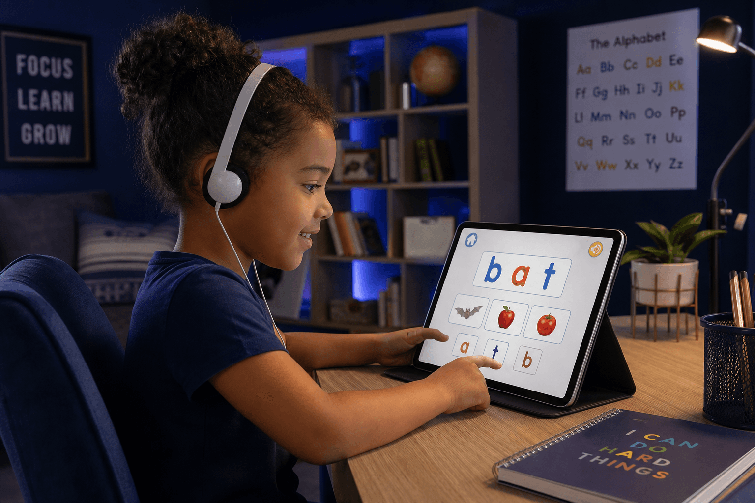 A child using multisensory tools for reading practice