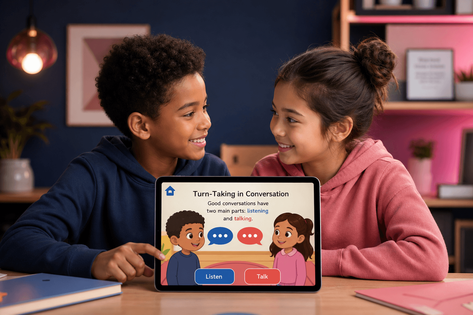 Children practicing conversation skills in an interactive lesson