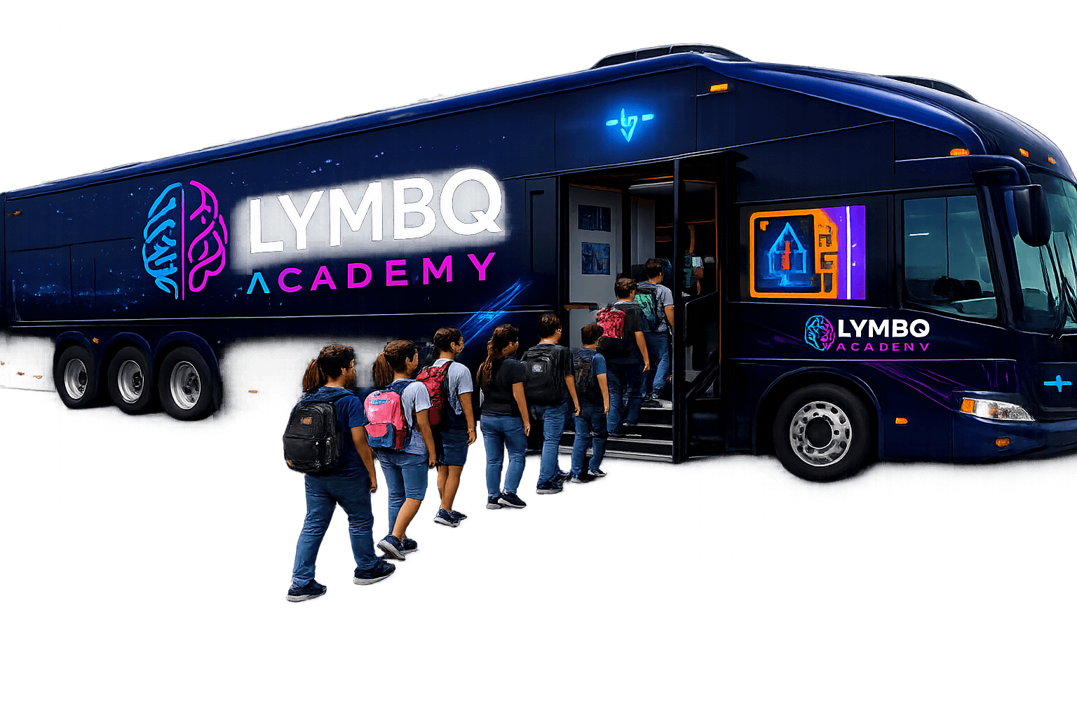 LYMBQ Academy Mobile Lab bus with students lined up to board